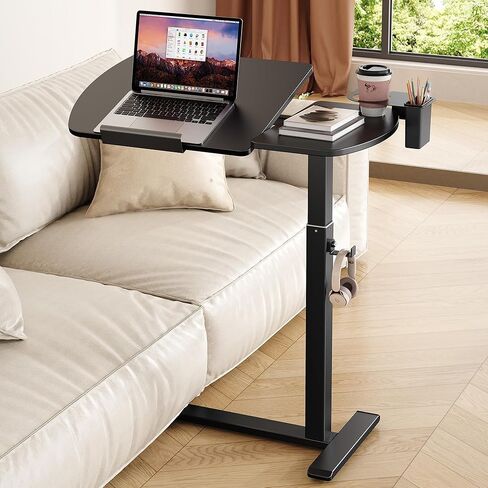 Overbed Bedside Table with Wheels, Pneumatic Adjustable Overbed Table, Tilting Desktop Mobile Standing Desk with Cup Holder/ Pen Holder, Rolling Laptop Desk for Bed, Sofa, or Hospital Use (Walnut) in Kuwait