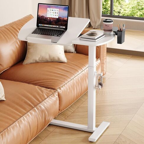 Overbed Bedside Table with Wheels, Pneumatic Adjustable Overbed Table, Tilting Desktop Mobile Standing Desk with Cup Holder/ Pen Holder, Rolling Laptop Desk for Bed, Sofa, or Hospital Use (Walnut) in Saudi Arabia