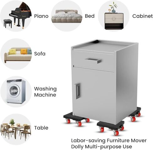 4-Set Furniture Moving Dollies with Pry Bar, Heavy Duty Furniture Mover Kit, Furniture Lift Mover Tool Set, 500kg Capacity, Carbon Steel Panel Square Dollies for Couches, Cabinets, Appliances in Kuwait