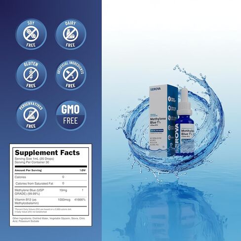 Serova Wellness Methylene Blue 1% USP Grade - Support Supplement for Focus, Energy & Mental Clarity - Antioxidant Support - Made in USA, 1oz in Saudi Arabia