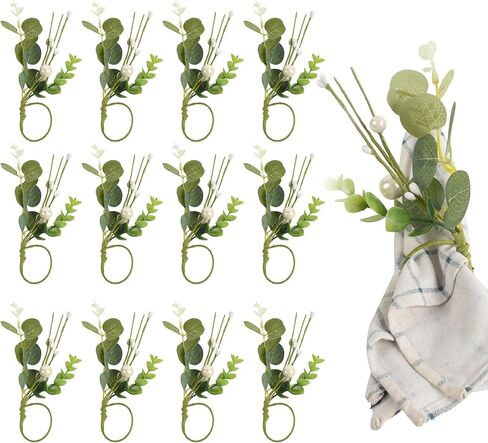 Napkin Rings, 12pcs Eucalyptus Napkin Rings Artificial Green Leaf, Rustic Boho Napkin Ring Holder for Wedding Easter Spring Summer Dining Table Decor in Saudi Arabia