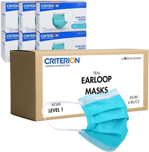 Criterion ASTM Level 1 Disposable Face Mask, Adult Size, Teal, 3-Ply, Fluid Resistant, Latex-Free, Flat Earloops, Adjustable Nose Piece, 50/Box in Saudi Arabia