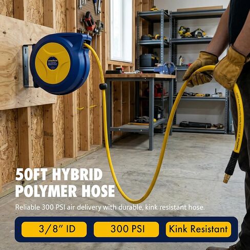 Goodyear Retractable Air Hose Reel with Safety-Speed Control, 3/8" x 50 FT, 300 PSI Hybrid Polymer Hose, Automatic Rewind, Stop-Anywhere Lock, Slow Retraction, Leak-Proof Swivel in Saudi Arabia
