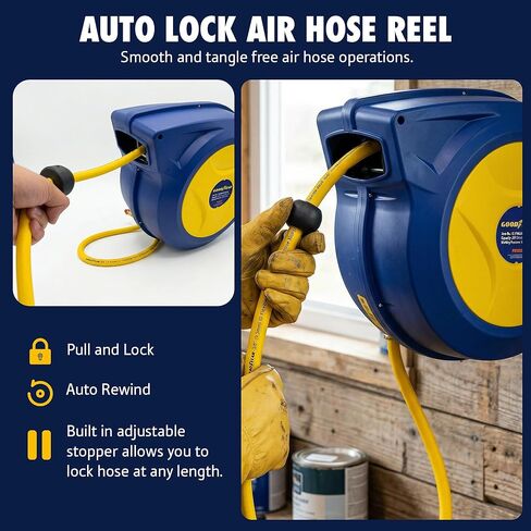 Goodyear Retractable Air Hose Reel with Safety-Speed Control, 3/8" x 50 FT, 300 PSI Hybrid Polymer Hose, Automatic Rewind, Stop-Anywhere Lock, Slow Retraction, Leak-Proof Swivel in Saudi Arabia