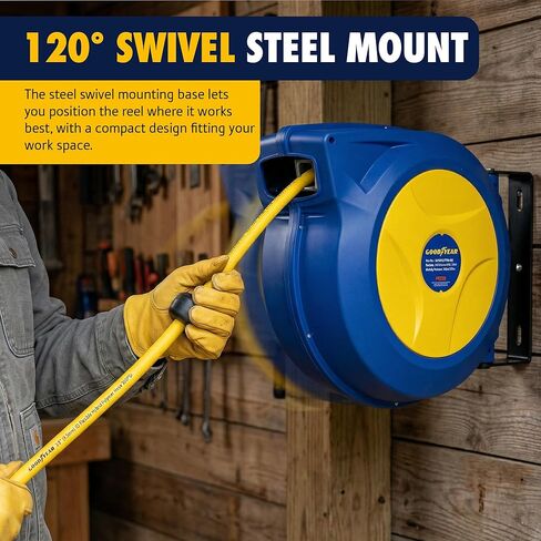 Goodyear Retractable Air Hose Reel with Safety-Speed Control, 3/8" x 50 FT, 300 PSI Hybrid Polymer Hose, Automatic Rewind, Stop-Anywhere Lock, Slow Retraction, Leak-Proof Swivel in Saudi Arabia