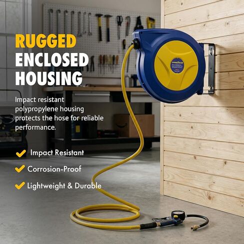 Goodyear Retractable Air Hose Reel with Safety-Speed Control, 3/8" x 50 FT, 300 PSI Hybrid Polymer Hose, Automatic Rewind, Stop-Anywhere Lock, Slow Retraction, Leak-Proof Swivel in Saudi Arabia