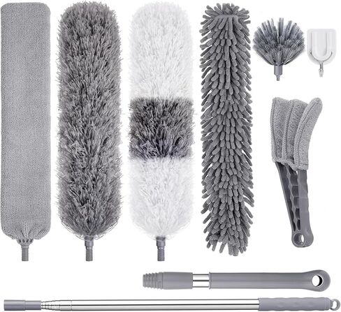 Microfiber Feather Duster Kit, 9PCS Dusters for Cleaning with 100-inch Extendable Pole, Bendable Reusable Washable Cobweb Duster for High Ceilings and Fans, Blinds, Cars and Furniture in Saudi Arabia
