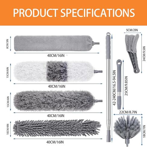 Microfiber Feather Duster Kit, 9PCS Dusters for Cleaning with 100-inch Extendable Pole, Bendable Reusable Washable Cobweb Duster for High Ceilings and Fans, Blinds, Cars and Furniture in Saudi Arabia