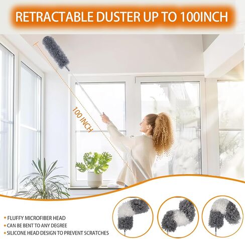 Microfiber Feather Duster Kit, 9PCS Dusters for Cleaning with 100-inch Extendable Pole, Bendable Reusable Washable Cobweb Duster for High Ceilings and Fans, Blinds, Cars and Furniture in Saudi Arabia