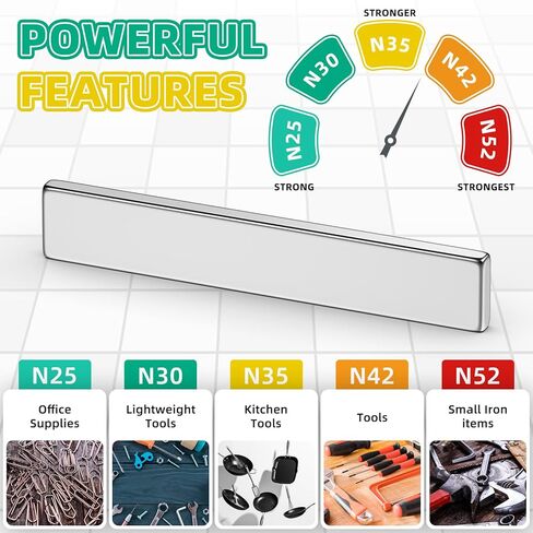 10 عبوات من مغناطيس شريط النيوديميوم القوي، 60 × 10 × 3 مم شريط مغناطيس أرضي نادر، مغناطيس مستطيل، مغناطيس نيوديميوم مع دعم لاصق مزدوج الجوانب للأماكن الخارجية والثلاجة والسبورة البيضاء-N30 in Kuwait