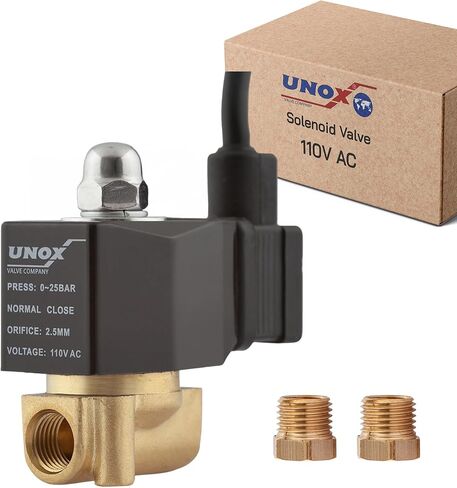 صمام الملف اللولبي الكهربائي النحاسي UNOX 1/4 بوصة NPT 110 فولت تيار متردد مع كابل 6 أقدام، 3 أسلاك توصيل، محول 1/8 بوصة متضمن، مغلق عادة، الضغط 0-363 رطل لكل بوصة مربعة (0-25 بار)، الماء، الهواء in Kuwait
