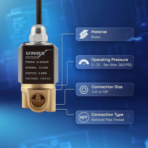 صمام الملف اللولبي الكهربائي النحاسي UNOX 1/4 بوصة NPT 110 فولت تيار متردد مع كابل 6 أقدام، 3 أسلاك توصيل، محول 1/8 بوصة متضمن، مغلق عادة، الضغط 0-363 رطل لكل بوصة مربعة (0-25 بار)، الماء، الهواء in Kuwait