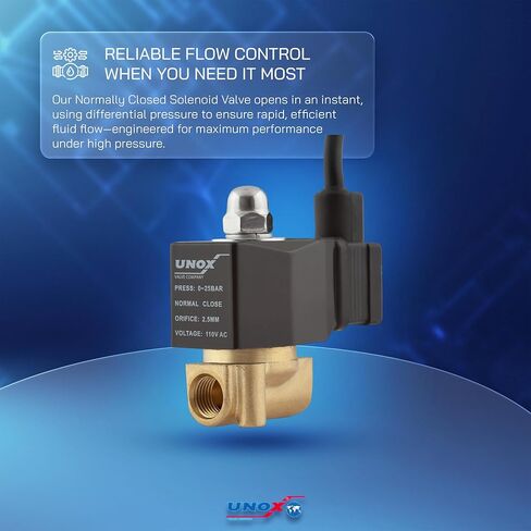 صمام الملف اللولبي الكهربائي النحاسي UNOX 1/4 بوصة NPT 110 فولت تيار متردد مع كابل 6 أقدام، 3 أسلاك توصيل، محول 1/8 بوصة متضمن، مغلق عادة، الضغط 0-363 رطل لكل بوصة مربعة (0-25 بار)، الماء، الهواء in Kuwait