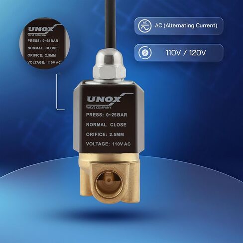 صمام الملف اللولبي الكهربائي النحاسي UNOX 1/4 بوصة NPT 110 فولت تيار متردد مع كابل 6 أقدام، 3 أسلاك توصيل، محول 1/8 بوصة متضمن، مغلق عادة، الضغط 0-363 رطل لكل بوصة مربعة (0-25 بار)، الماء، الهواء in Kuwait