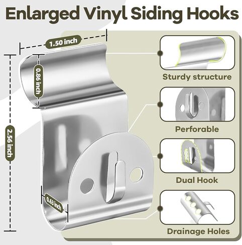 Vinyl Siding Hooks, 10-Pack Stainless Steel No Hole Vinyl Siding Clips, Holds up to 20lbs, Heavy Duty Siding Hooks for Hanging Outdoor, Double Clips for Wreaths, String Lights, Signs, Easter Decor in Kuwait
