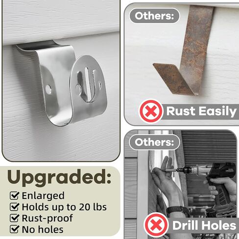 Vinyl Siding Hooks, 10-Pack Stainless Steel No Hole Vinyl Siding Clips, Holds up to 20lbs, Heavy Duty Siding Hooks for Hanging Outdoor, Double Clips for Wreaths, String Lights, Signs, Easter Decor in Kuwait