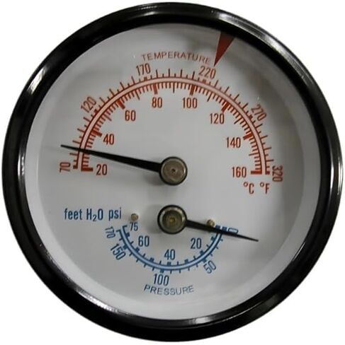 مجموعة قياس غلاية Tridicator التجارية، علبة فولاذية سوداء، أجزاء داخلية برونزية، عدسة بلاستيكية مع مؤشر أحمر، قرص 2.5 بوصة، 0-75 رطل لكل بوصة مربعة (قدم H₂O) و70-320 درجة فهرنهايت، حامل خلفي 1/4 بوصة NPT وحقيبة قابلة للتدوير in Kuwait
