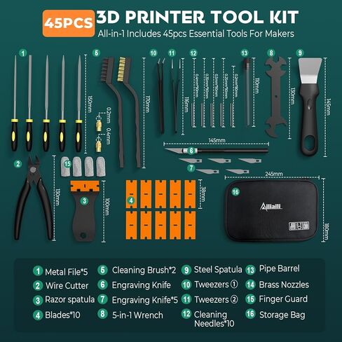 3D Printer Tools Kit, 45PCS 3D Printing Accessories for FDM/SLA Printer with Nozzle Cleaning Tools, Removal Scraper, Engraving Knife, Tweezers, Files, Brushes, Wire Cutter for Clean|Preprocess|Remove in Kuwait