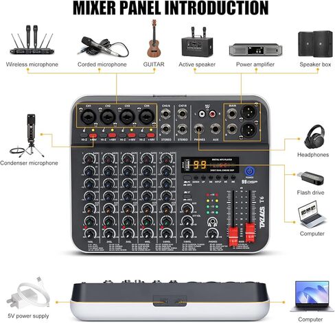 خلاط صوت Line Mixer، خلاط خط ستيريو ذو 6 قنوات، مخرج ومدخل TRS/TS 6.35 مم، خلاط صوت صغير منخفض الضوضاء للغاية مع مفتاح أحادي/ستيريو للخلط الفرعي in Saudi Arabia