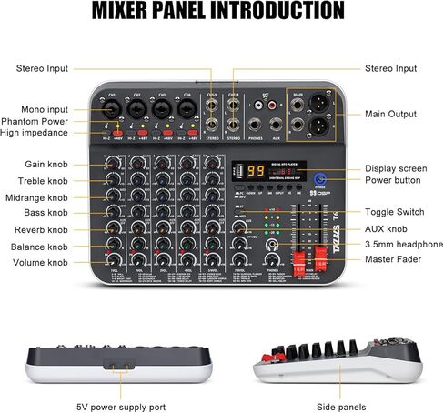 خلاط صوت Line Mixer، خلاط خط ستيريو ذو 6 قنوات، مخرج ومدخل TRS/TS 6.35 مم، خلاط صوت صغير منخفض الضوضاء للغاية مع مفتاح أحادي/ستيريو للخلط الفرعي in Saudi Arabia