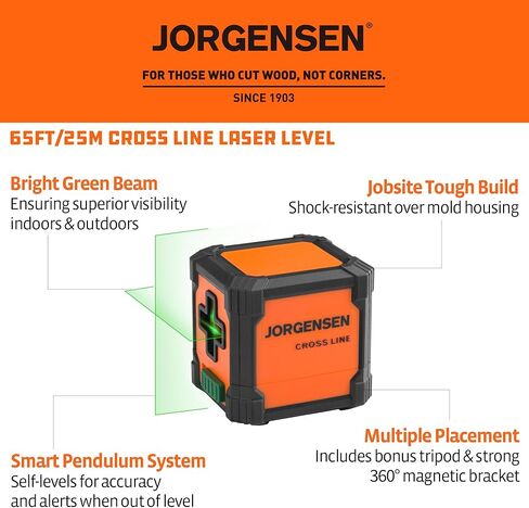 JORGENSEN Laser Level with Tripod, 65 FT Self Leveling Cross Line Laser Leveler Tool with 360° Magnetic Base, Green Laser Level for Picture Hanging, Home Renovation, Indoor Project in Kuwait