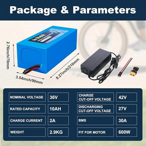36V 10Ah, Battery Lithium Ebike Scooter with 30A BMS for 0-1000W Motor, Lithium Replacement Battery with XT60 Adaptor, Charger, T Plug in Saudi Arabia