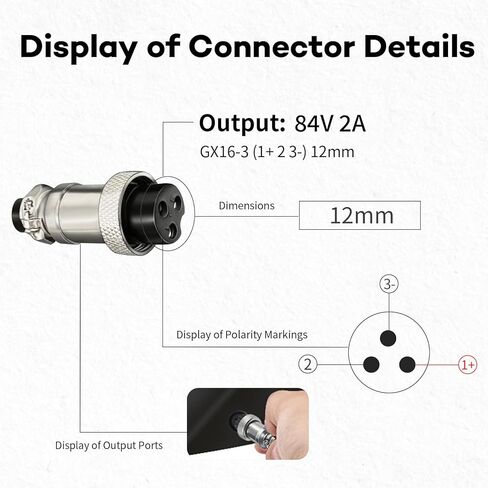 شاحن ذكي لبطارية الليثيوم 84 فولت 2 أمبير، مناسب لبطاريات الليثيوم 16S 72 فولت، مزود بموصل DC GX16-3 - شاحن تيار مستمر محمول وشاحن جهد ثابت مع مؤشر LED in Kuwait