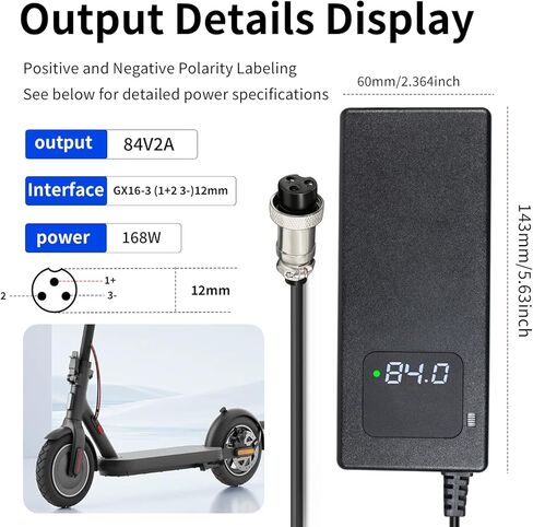 شاحن ذكي لبطارية الليثيوم 84 فولت 2 أمبير، مناسب لبطاريات الليثيوم 16S 72 فولت، مزود بموصل DC GX16-3 - شاحن تيار مستمر محمول وشاحن جهد ثابت مع مؤشر LED in Kuwait