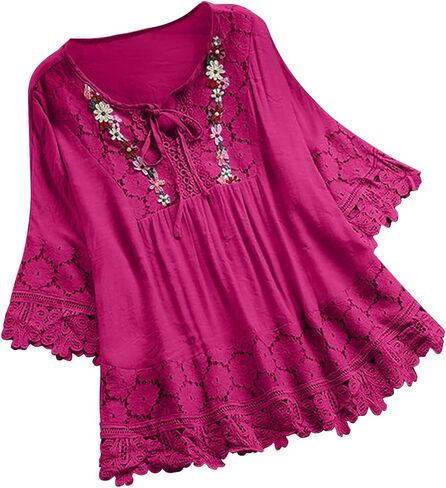 3/4 Length Sleeve Womens Tops Cotton Linen Boho Embroidered Blouse Plus Size V Neck Vintage Lace Patchwork Shirt 2025 in Saudi Arabia