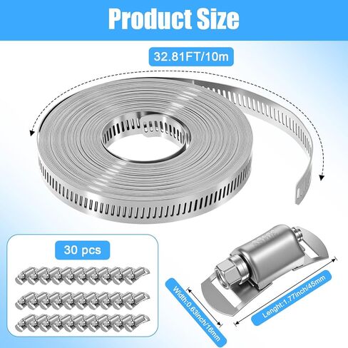304 Stainless Steel Hose Clamp Kit, 32.8FT Adjustable DIY Metal Strap And 30 Pcs Fasteners, Worm Gear Clamps For Pipe Tube Duct Fuel Line Auto Plumbing in Saudi Arabia
