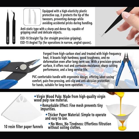 52 Pcs Resin 3D Printing Tool Kit with 304 Stainless Steel Resin Filter Funnel，Silicone Pad, Scraper，Tweezers & Cleaning Tools | Accessories for Model Removal, Resin Recycling & Post-Processing in Kuwait