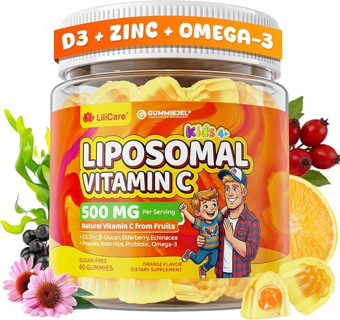 Liposomal Vitamin C 500mg Gummies for Kids 4+ & Adults, with Omega-3, Elderberry, Echinacea, Propolis, Zinc, D3, Chewable Kids Immune Support Gummies, Natural Whole Food Vit C from Fruits, Sugar Free in Kuwait