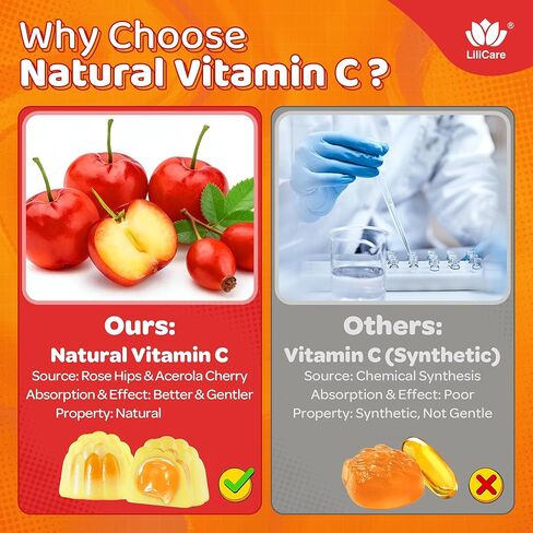 Liposomal Vitamin C 500mg Gummies for Kids 4+ & Adults, with Omega-3, Elderberry, Echinacea, Propolis, Zinc, D3, Chewable Kids Immune Support Gummies, Natural Whole Food Vit C from Fruits, Sugar Free in Kuwait