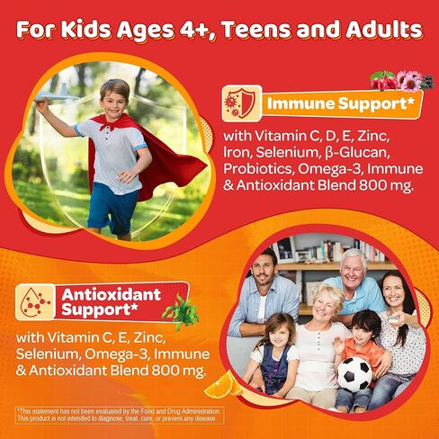 Liposomal Vitamin C 500mg Gummies for Kids 4+ & Adults, with Omega-3, Elderberry, Echinacea, Propolis, Zinc, D3, Chewable Kids Immune Support Gummies, Natural Whole Food Vit C from Fruits, Sugar Free in Kuwait