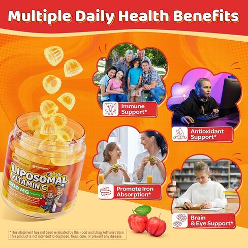Liposomal Vitamin C 500mg Gummies for Kids 4+ & Adults, with Omega-3, Elderberry, Echinacea, Propolis, Zinc, D3, Chewable Kids Immune Support Gummies, Natural Whole Food Vit C from Fruits, Sugar Free in Kuwait