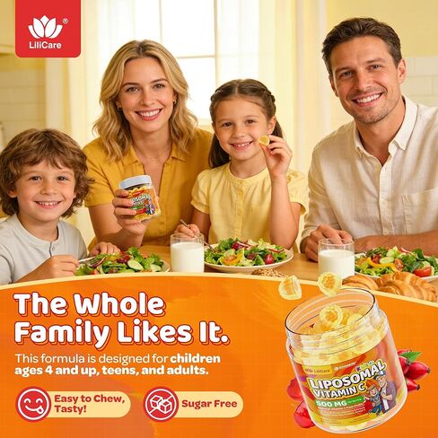 Liposomal Vitamin C 500mg Gummies for Kids 4+ & Adults, with Omega-3, Elderberry, Echinacea, Propolis, Zinc, D3, Chewable Kids Immune Support Gummies, Natural Whole Food Vit C from Fruits, Sugar Free in Kuwait