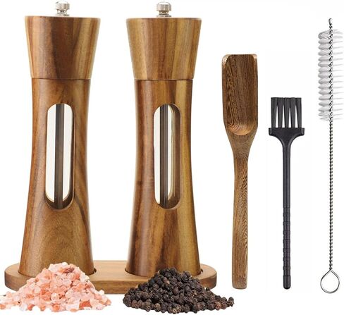 2 Pack Wooden Salt and Pepper Grinder Set — 8 Inch Refillable Salt and Pepper Shakers — Manual Spice Mills with Clear View Window — Ceramic Grinder, Adjustable Coarseness in Saudi Arabia