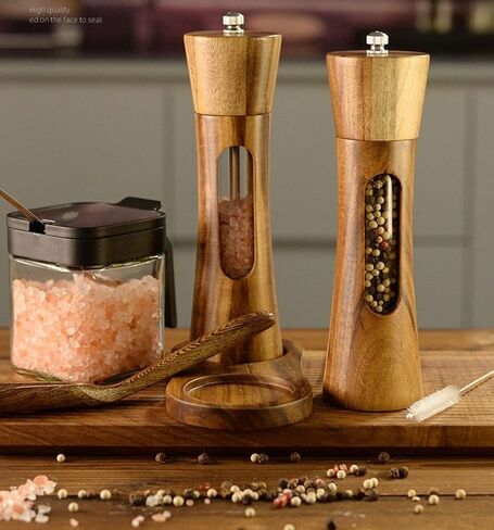 2 Pack Wooden Salt and Pepper Grinder Set — 8 Inch Refillable Salt and Pepper Shakers — Manual Spice Mills with Clear View Window — Ceramic Grinder, Adjustable Coarseness in Saudi Arabia