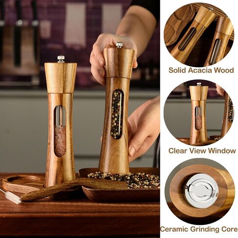 2 Pack Wooden Salt and Pepper Grinder Set — 8 Inch Refillable Salt and Pepper Shakers — Manual Spice Mills with Clear View Window — Ceramic Grinder, Adjustable Coarseness in Saudi Arabia