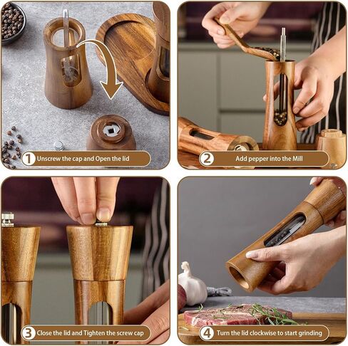 2 Pack Wooden Salt and Pepper Grinder Set — 8 Inch Refillable Salt and Pepper Shakers — Manual Spice Mills with Clear View Window — Ceramic Grinder, Adjustable Coarseness in Saudi Arabia