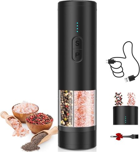 2 in 1 Electric Salt and Pepper Grinder Set, USB Rechargeable, Automatic Salt and Pepper Mill Shakers with Battery Display, LED Light, Adjustable Coarseness Ideal for Kitchen Gift(Black) in Saudi Arabia