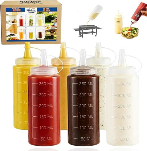 12 Oz Large Wide Month Squeeze Bottles for BBQ Grill Restaurant - Condiment Sauces Chocolate Ketchup Mustard - Plastic Squeeze Bottle for Sauces - 6 Pcs in Saudi Arabia