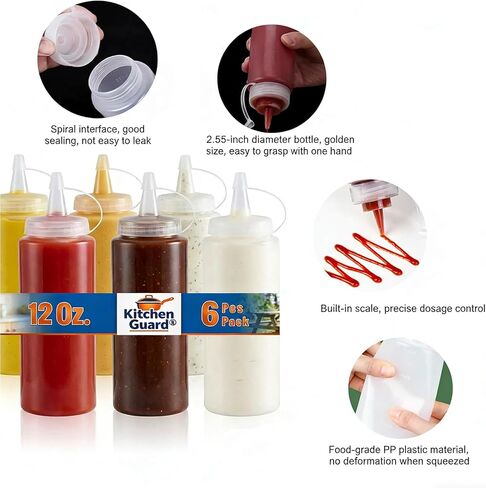 12 Oz Large Wide Month Squeeze Bottles for BBQ Grill Restaurant - Condiment Sauces Chocolate Ketchup Mustard - Plastic Squeeze Bottle for Sauces - 6 Pcs in Saudi Arabia
