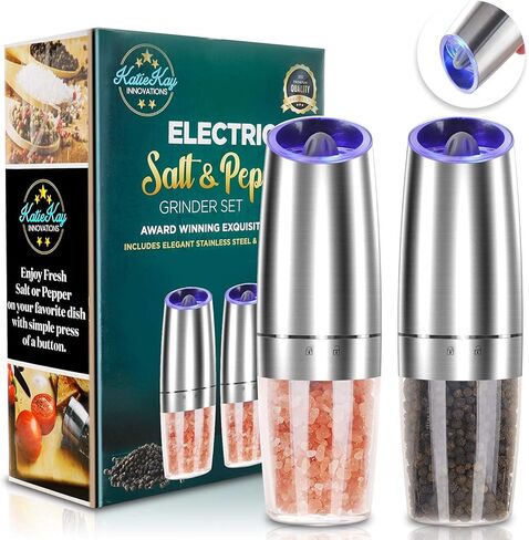Electric Salt and Pepper Grinder set of 2, Automatic Salt and Pepper Mill Grinder, Adjustable Roughness, Battery Powered with Blue LED Light, Stainless Steel with One Hand Operation (Sliver) in Saudi Arabia
