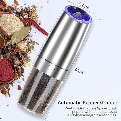 Electric Salt and Pepper Grinder set of 2, Automatic Salt and Pepper Mill Grinder, Adjustable Roughness, Battery Powered with Blue LED Light, Stainless Steel with One Hand Operation (Sliver) in Saudi Arabia