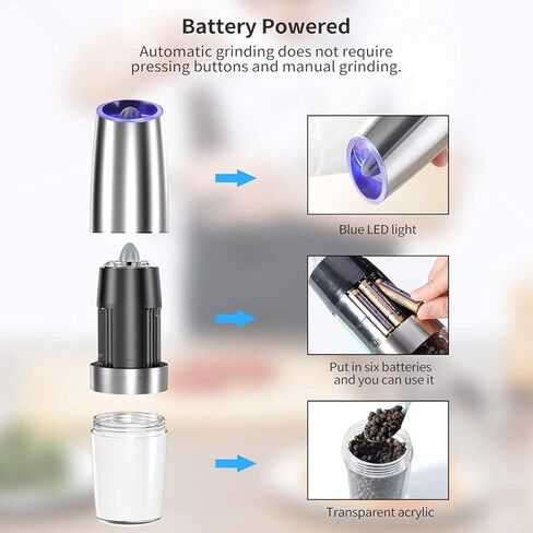 Electric Salt and Pepper Grinder set of 2, Automatic Salt and Pepper Mill Grinder, Adjustable Roughness, Battery Powered with Blue LED Light, Stainless Steel with One Hand Operation (Sliver) in Saudi Arabia