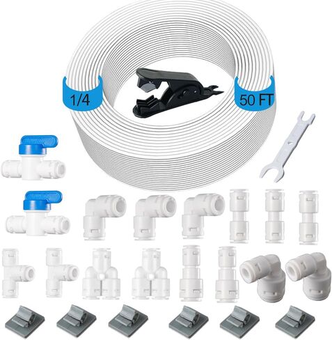 50ft 1/4" RO Water Line Kit​​: 25-PCS 1/4 ro tubing Fittings (Straight/Elbow/Tee/Ball Valve) + Tube Cutter/Remover for Refrigerator & RO Systems in Saudi Arabia