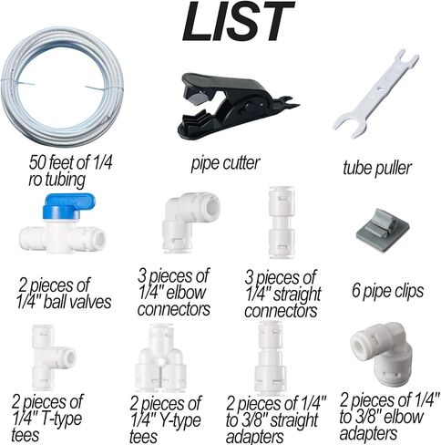 50ft 1/4" RO Water Line Kit​​: 25-PCS 1/4 ro tubing Fittings (Straight/Elbow/Tee/Ball Valve) + Tube Cutter/Remover for Refrigerator & RO Systems in Saudi Arabia