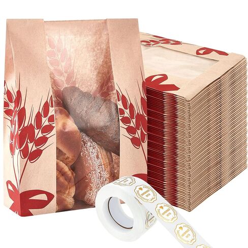 Gueevin 300 Pcs Kraft Paper Bread Bag for Homemade Bread Large Sourdough Loaf Bag with Clear Window Bakery Food Package Storage with 500 Pcs Sticker for Popcorn Cookies, 14x8.3x3.2'' in Saudi Arabia