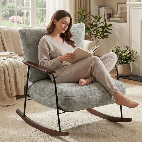Upholstered Rocking Chair, Nursery Glider Rocker Accent Chair with Armrests Wood Legs for Relaxing,Comfy Armchair Chenille Fabric for Living Room Bedroom, Beige in Kuwait